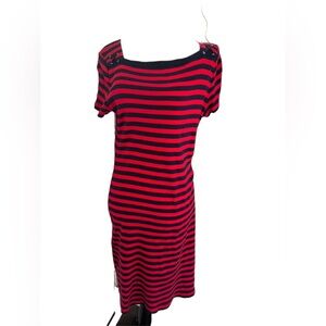 Chaps red And blue striped pullover stretchy dress w lace tie shoulder detail
